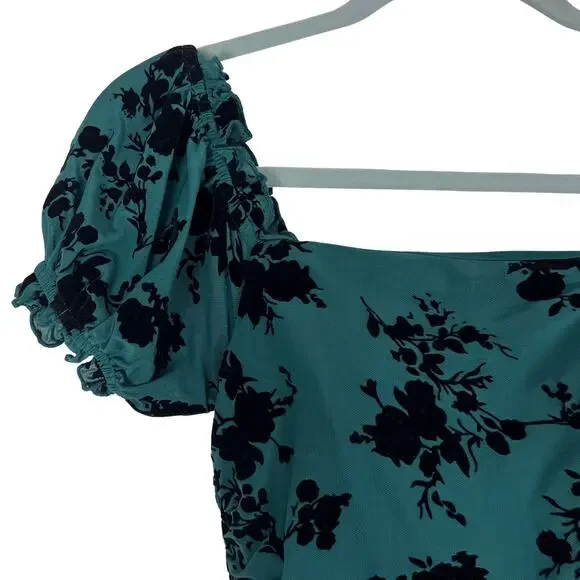 Dear Moon Green Burnout Velvet Floral Ruched Midi Dress Puff Sleeve Goth Holiday - Picture 3 of 7